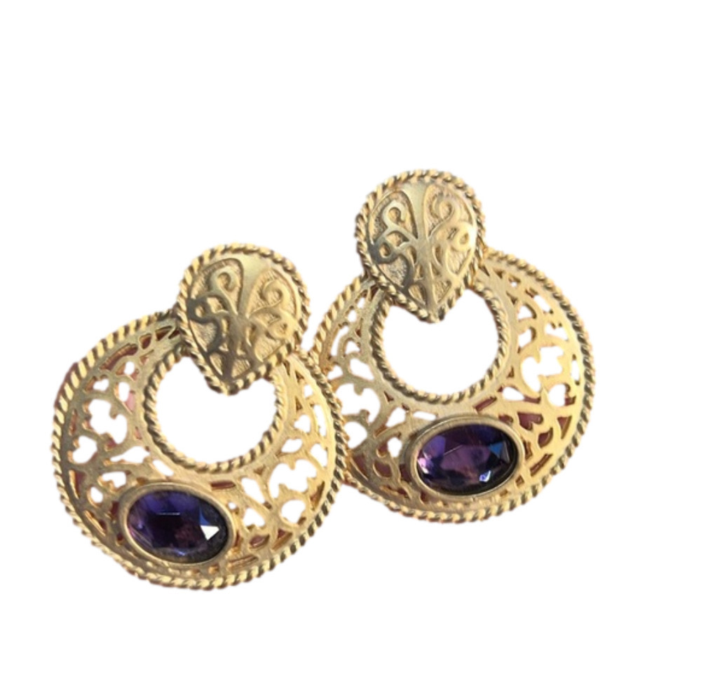 Goldtone Earrings with Purple Stone